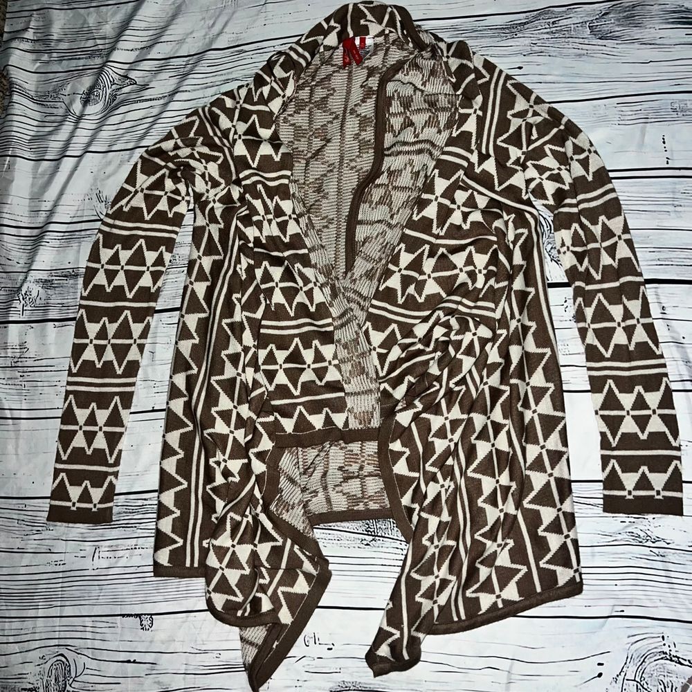 Red Camel Brown Aztec Print Open Front‎ Cardigan Sweater Geometric Pattern M